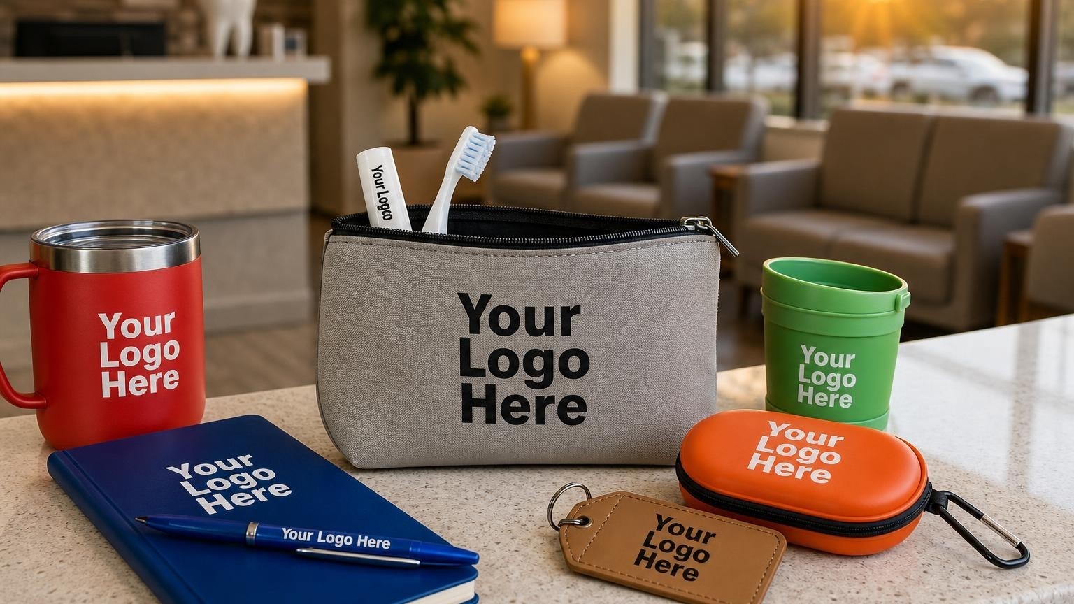A custom patient recovery kit containing lip balm and a soft toothbrush on an emergency dental clinic reception counter.
