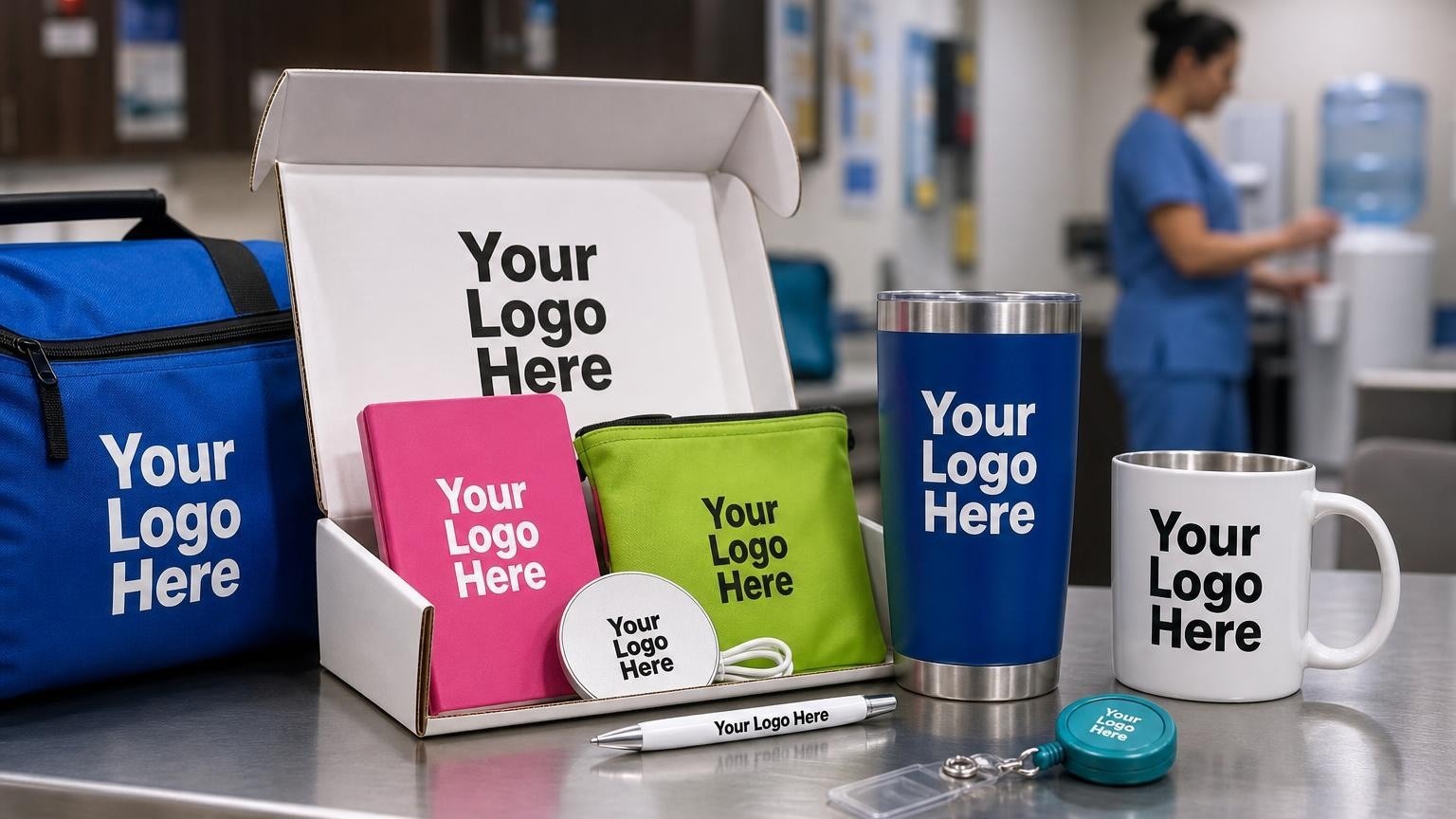 A durable powder-coated stainless steel travel tumbler with a subtle custom imprint sitting on a counter in an emergency department staff lounge.