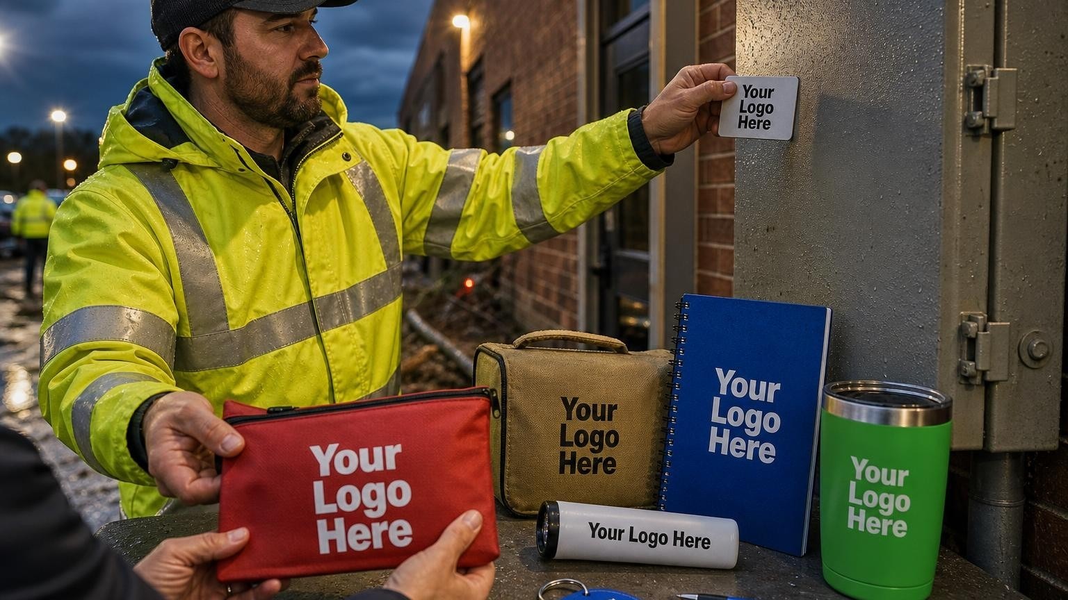 A crew leader in a reflective safety jacket placing a durable magnetic contact card on a commercial electrical box during a post-storm cleanup.