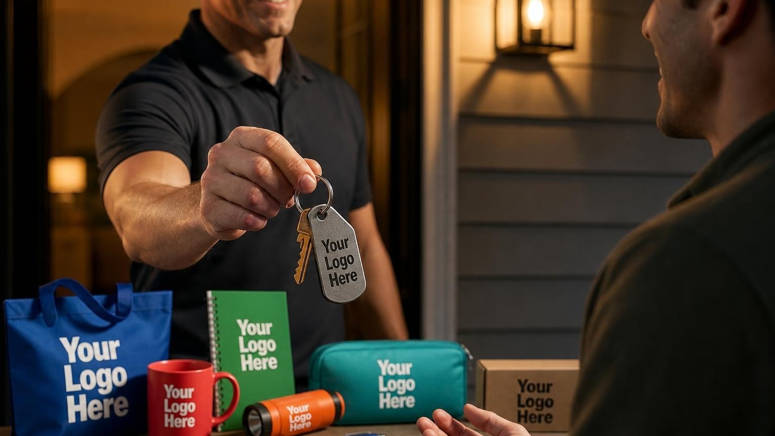 A professional locksmith technician hands a newly cut key on a custom metal key tag to a homeowner on a porch at night.