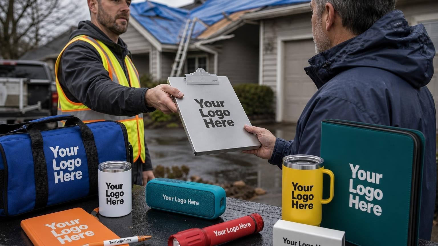 A roofing foreman in a high-visibility vest hands a custom clipboard to an insurance adjuster on a wet driveway in front of a storm-damaged house.