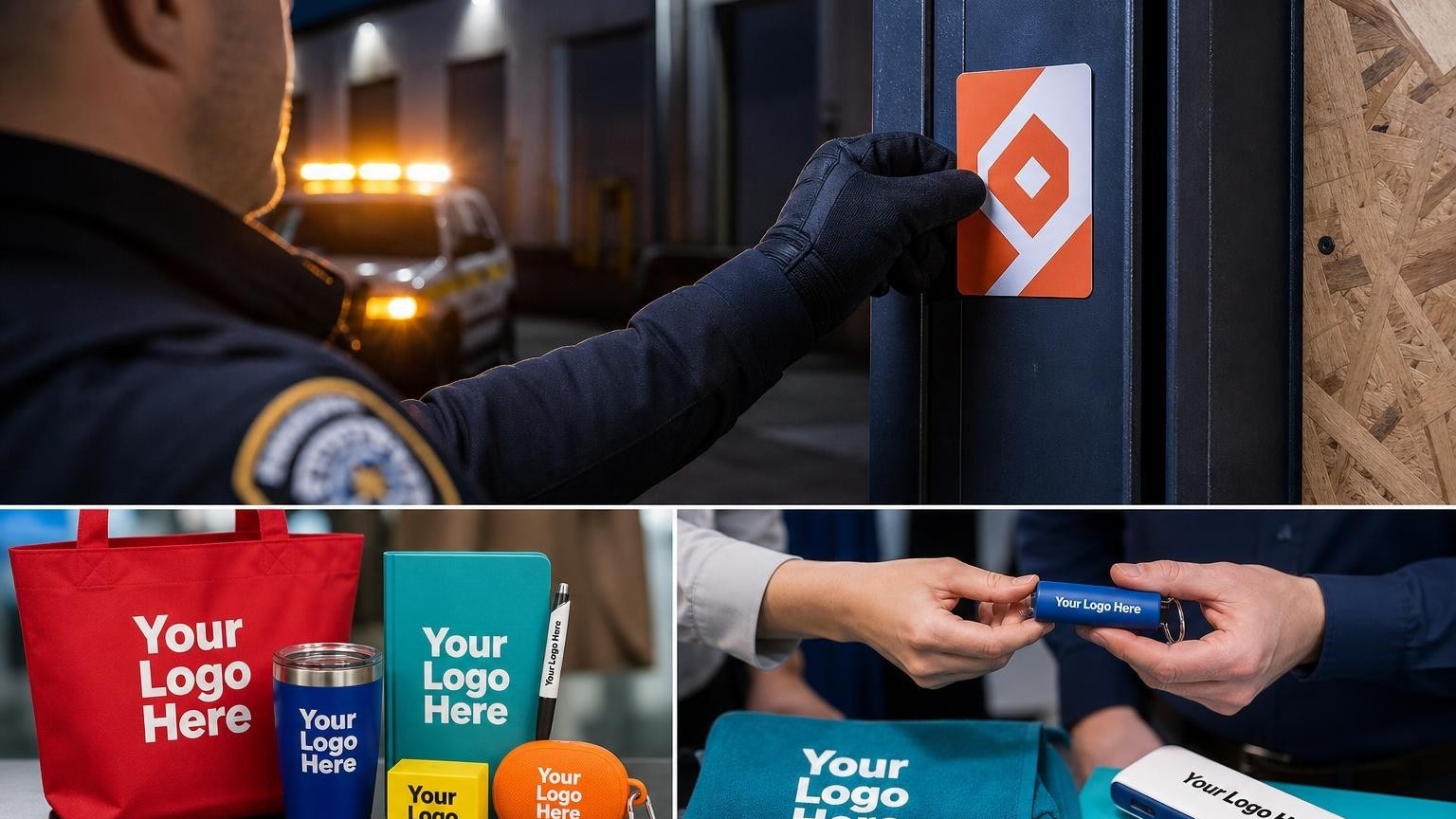 A custom magnetic emergency contact card being placed on a commercial steel door frame by a security officer at night.