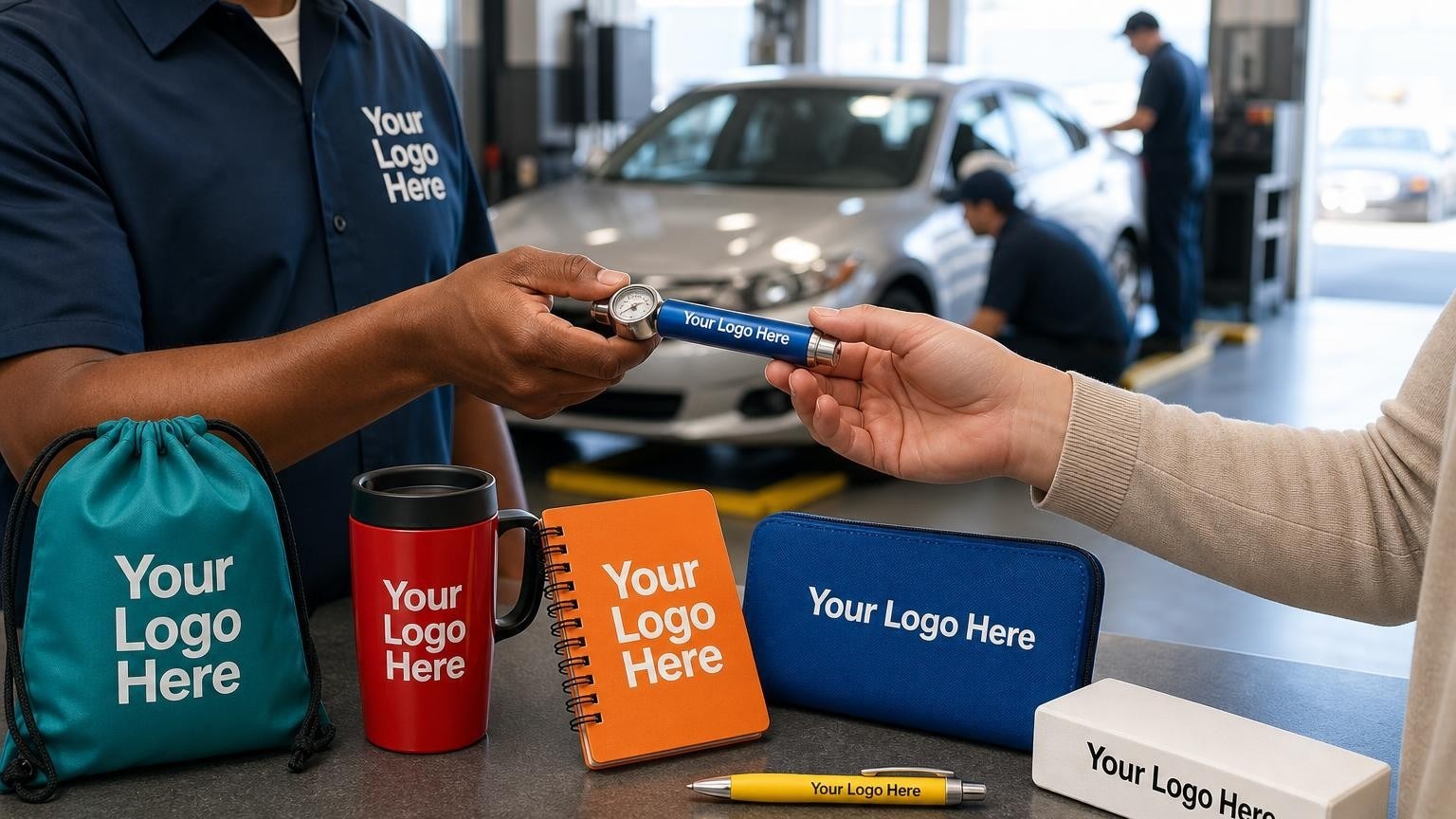 A custom tire pressure gauge and vinyl document sleeve resting on a customer service counter in an emissions testing center, with a blurred inspection bay in the background.