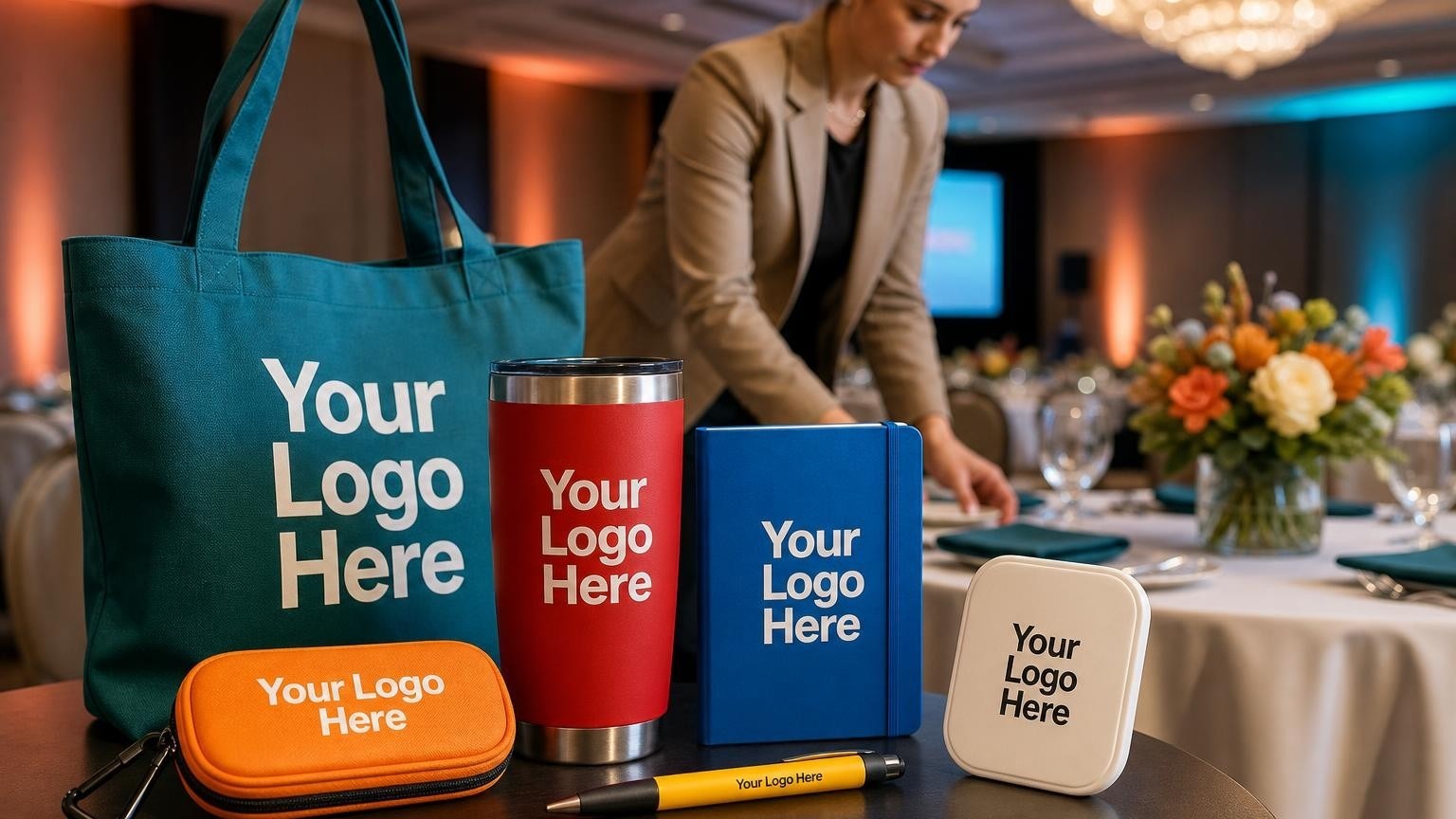 A high-grade custom travel tumbler and journal neatly arranged on a banquet table before an employee recognition event.