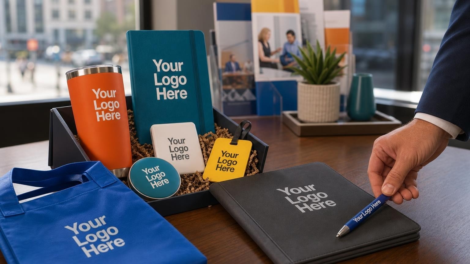 An executive-grade co-branded padfolio and sleek metal pen resting on an HR director's desk, symbolizing strategic broker-client relationships.