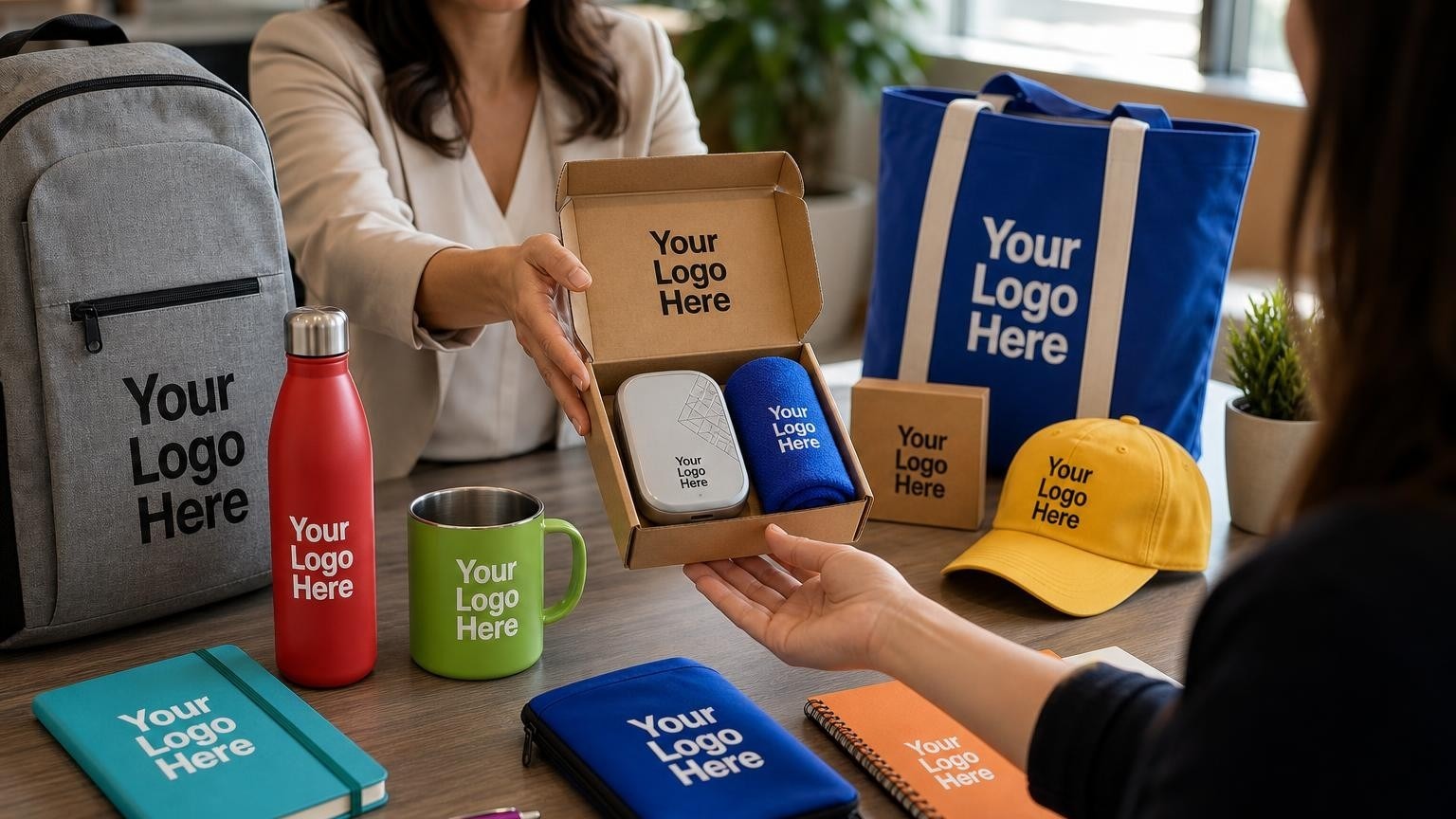 A customized pedometer and cooling towel being placed into a corporate wellness kickoff kit box on an office desk.