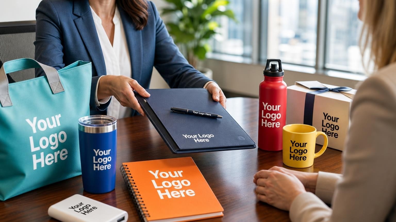 An occupational health clinic director presenting a structured welcome folder to a corporate HR executive during a contract kickoff meeting.