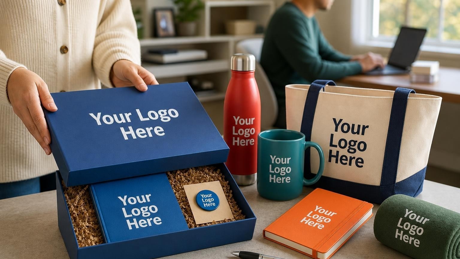 A high-quality ERG welcome box containing a notebook and lapel pin sitting on a home office desk, representing hybrid workplace community building.