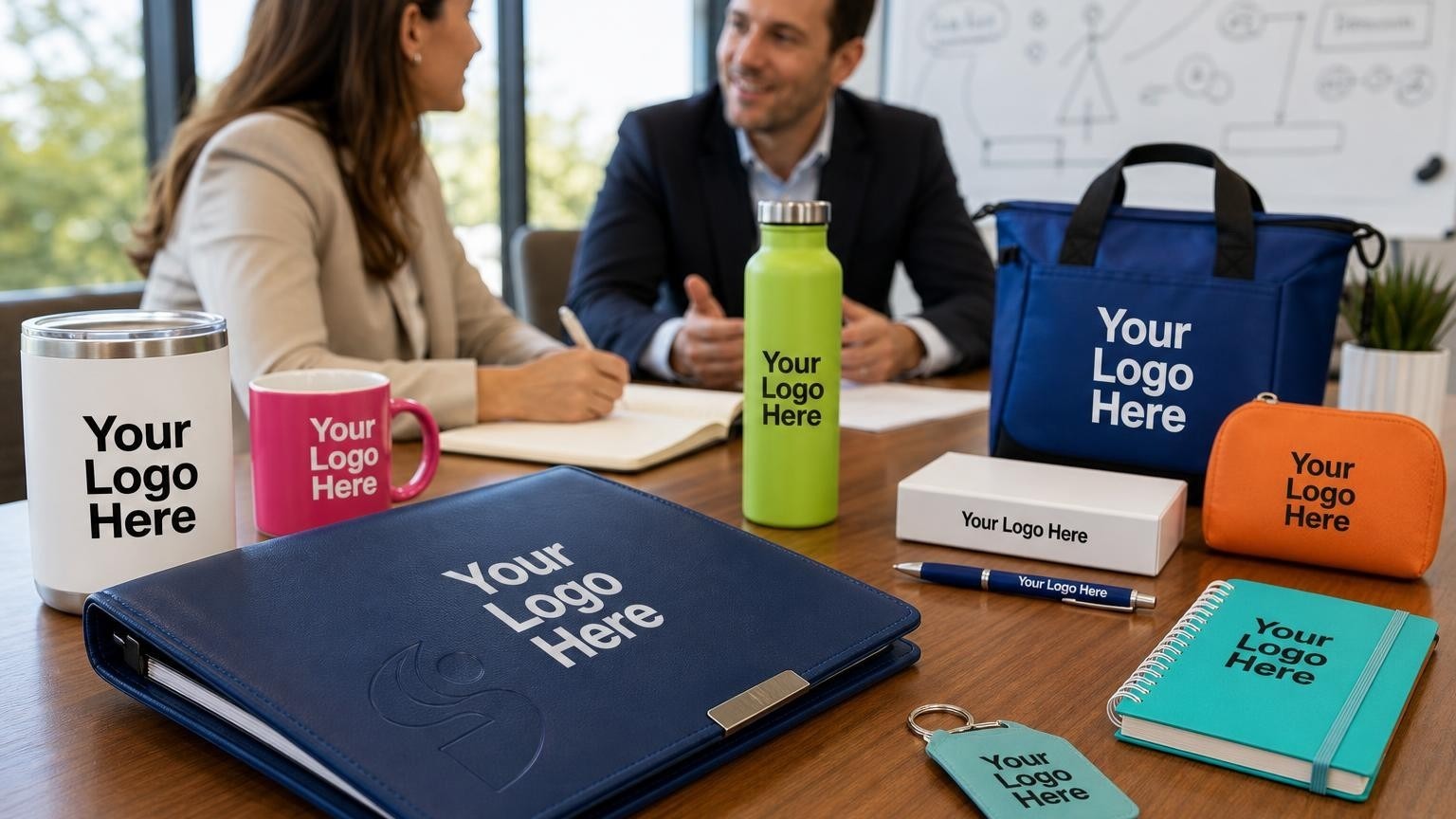 A high-grade debossed leather portfolio on a corporate training room table, representing professional onboarding materials for employee training cohorts.
