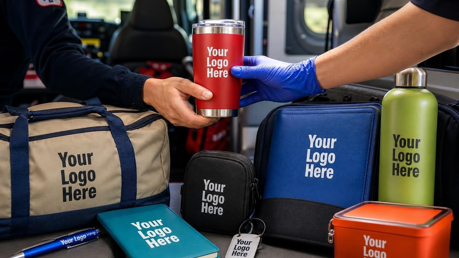 A custom insulated travel mug and tactical clipboard inside an active-duty ambulance, representing high-utility gear for EMS training providers.