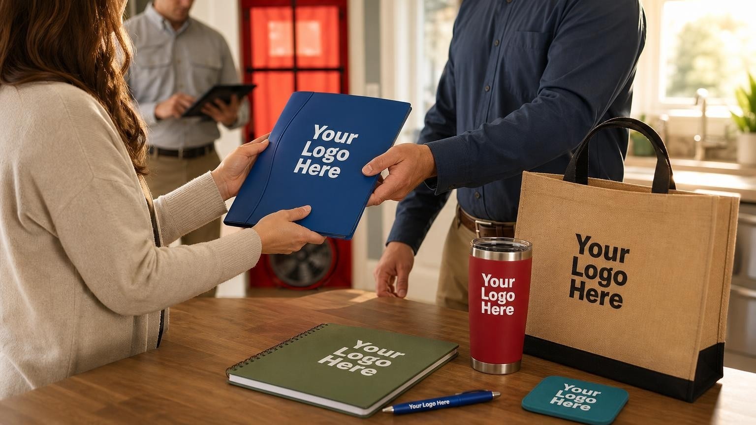 A custom folder and branded magnet on a kitchen counter in a home undergoing an energy audit, with a technician in a branded uniform visible in the background.