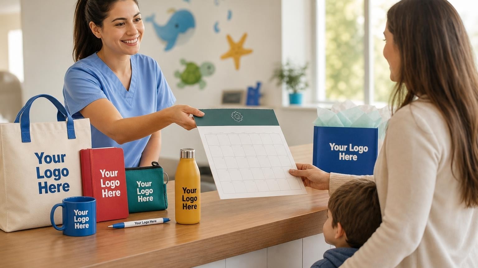 A pediatric clinic receptionist handing a custom magnetic calendar to a parent at the reception counter.