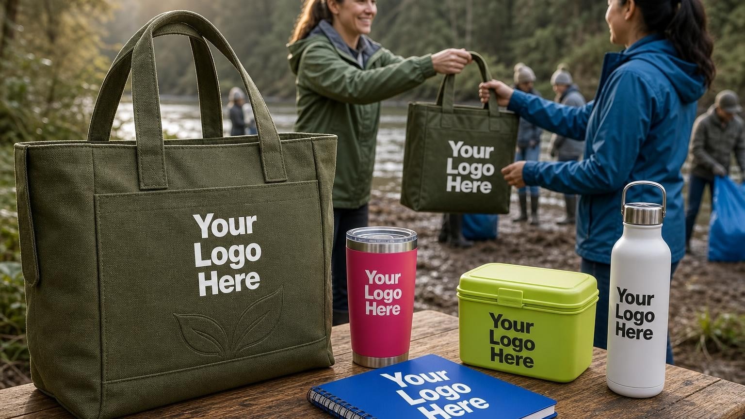 A durable custom canvas tote bag on a registration table at an outdoor volunteer river cleanup event.