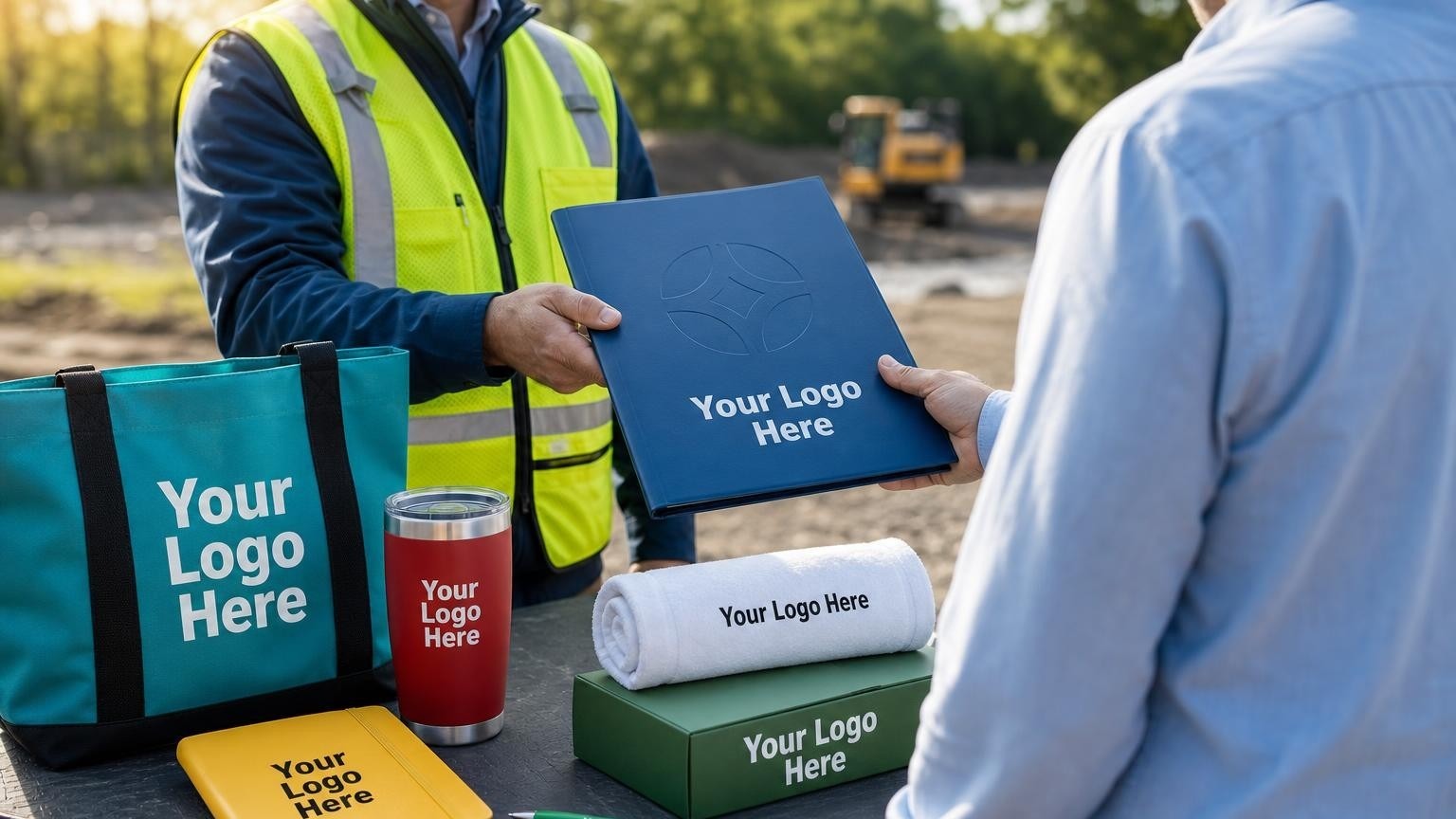A remediation supervisor in a safety vest handing a professional presentation folder to an insurance adjuster on a completed cleanup site.