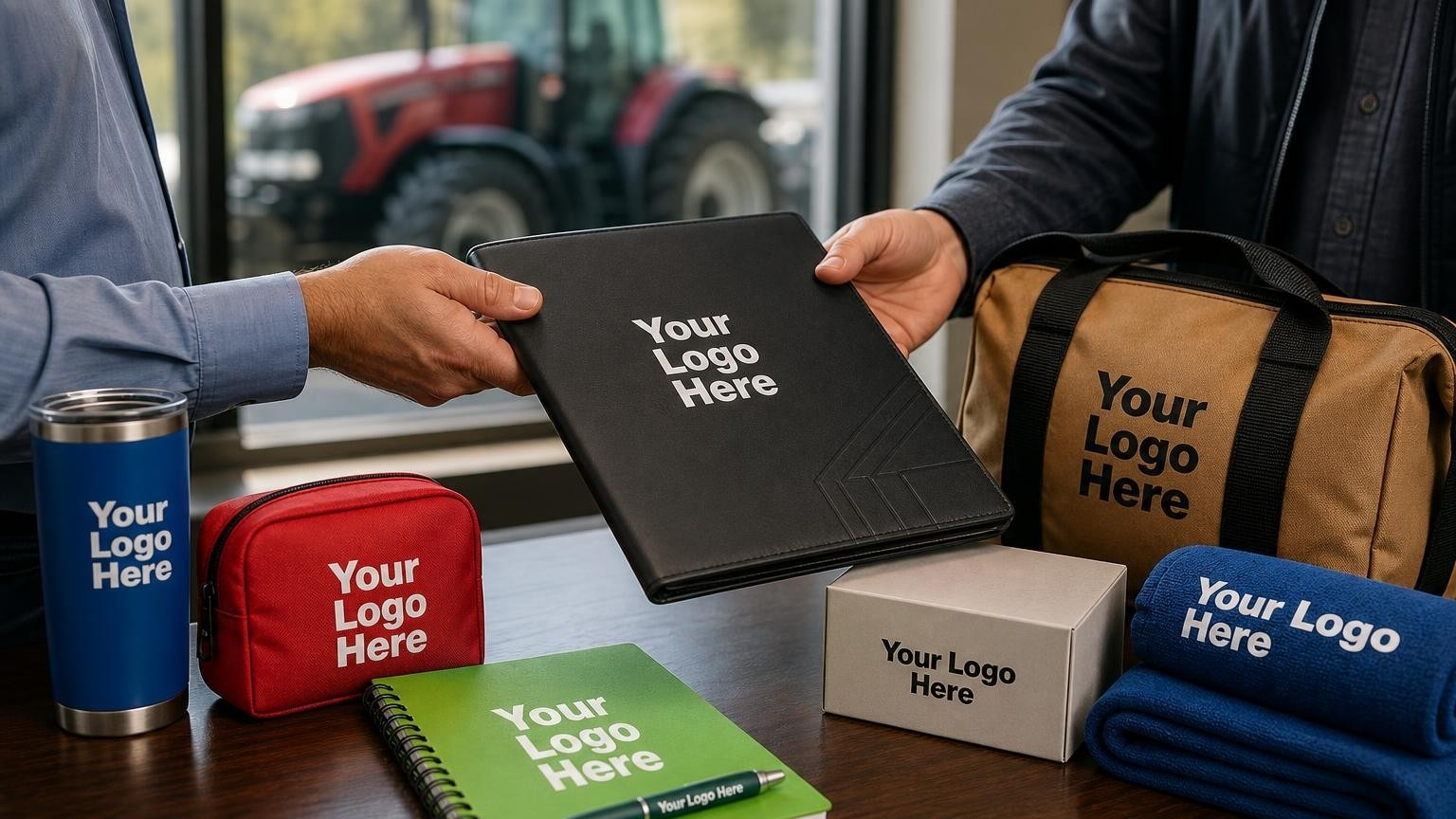 A high-grade leather document portfolio and metal pen on a dealership closing desk with a tractor visible in the blurred background.