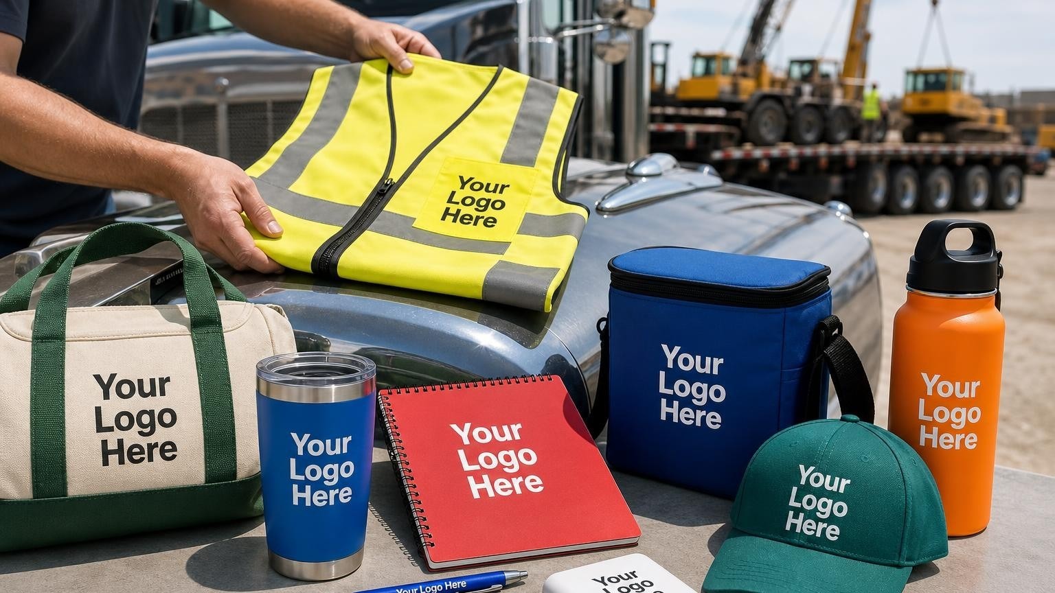 A high-visibility safety vest with a subtle custom emblem resting on the hood of a heavy transport truck at a construction site.
