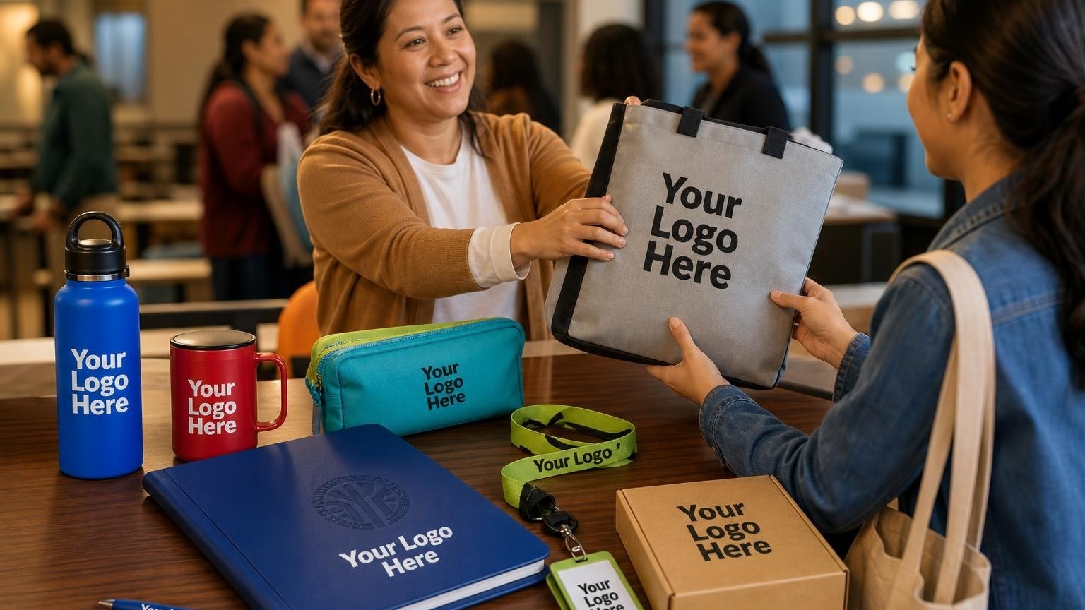 An adult education coordinator handing a professional welcome kit to an ESL student in a brightly lit evening classroom.