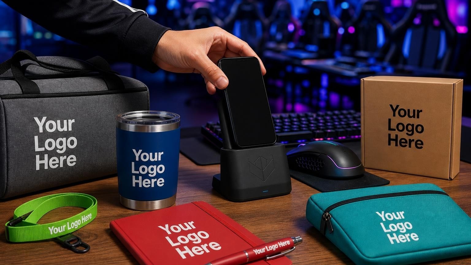 A high-end custom smart phone charging dock placed at a gaming station in a modern esports arena.