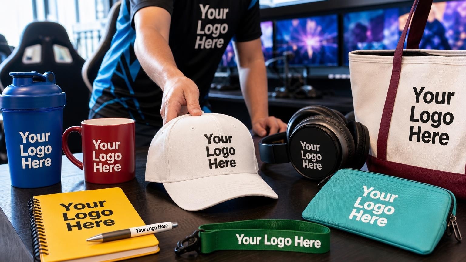 A high-grade custom team cap resting on a gaming desk next to a headset in a tournament broadcast booth.