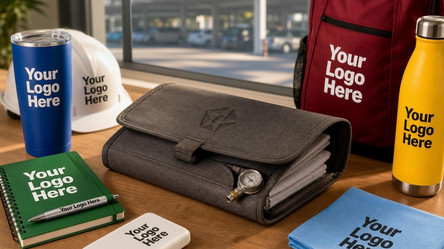 A custom-branded dark gray canvas document pouch containing EV charger manuals and a tire pressure gauge on a facility manager's desk.