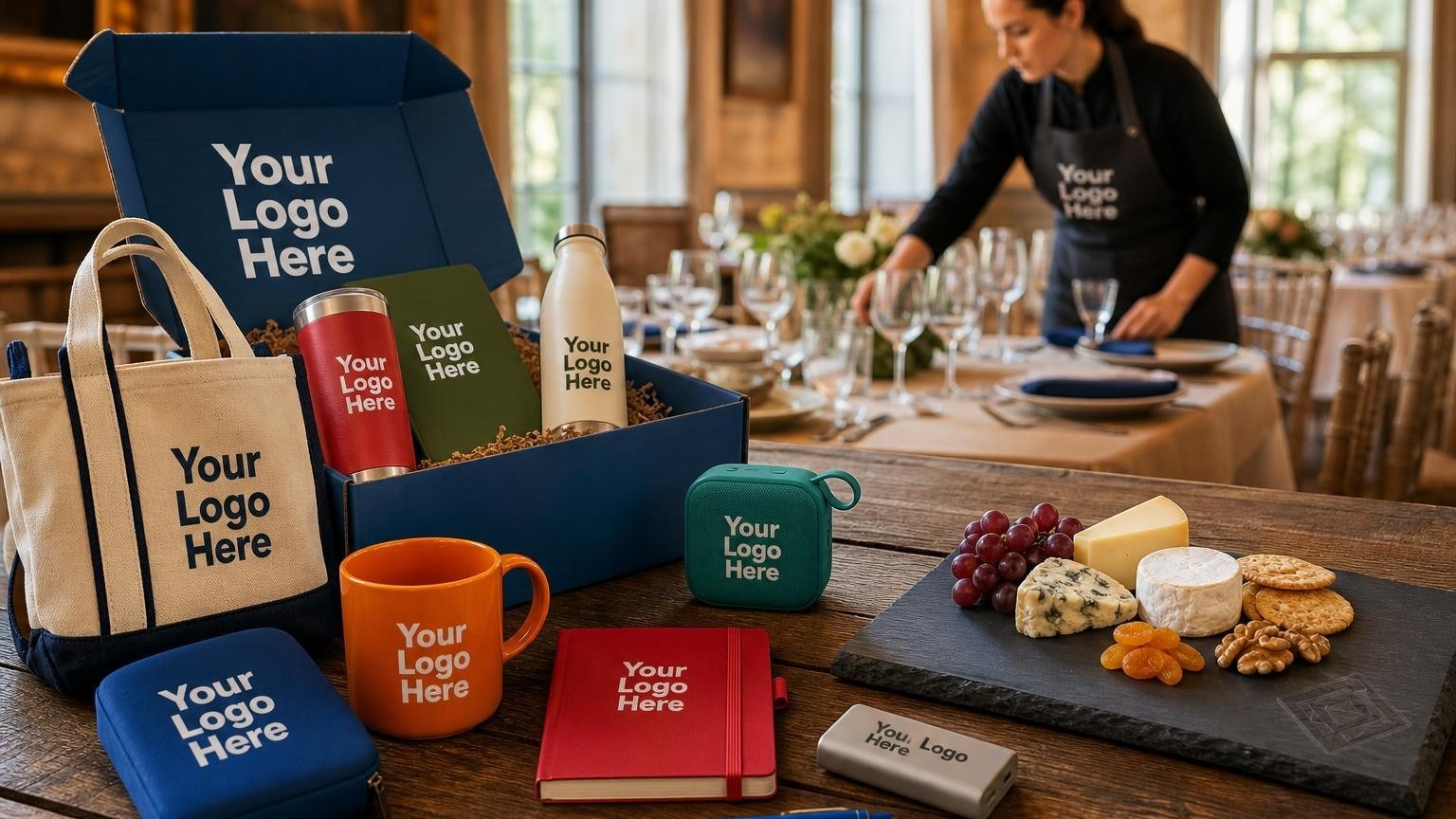 A custom-engraved slate cheese board with a subtle non-readable emblem sits on a table during a catering tasting session at a historic estate venue.