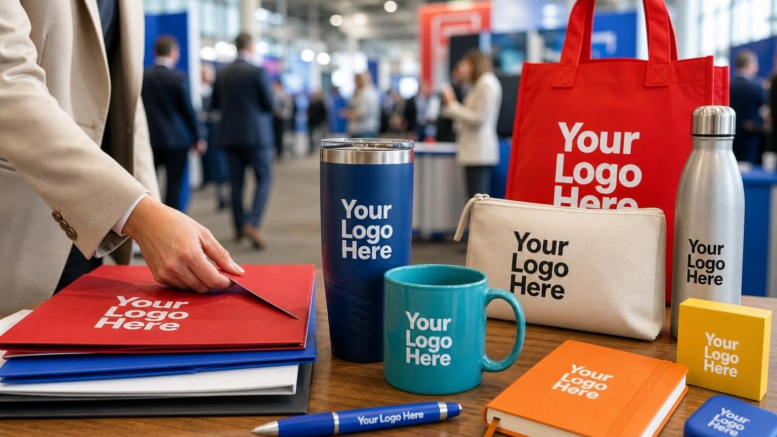 A custom insulated tumbler sitting on a registration table at a busy convention center, representing professional event marketing logistics.