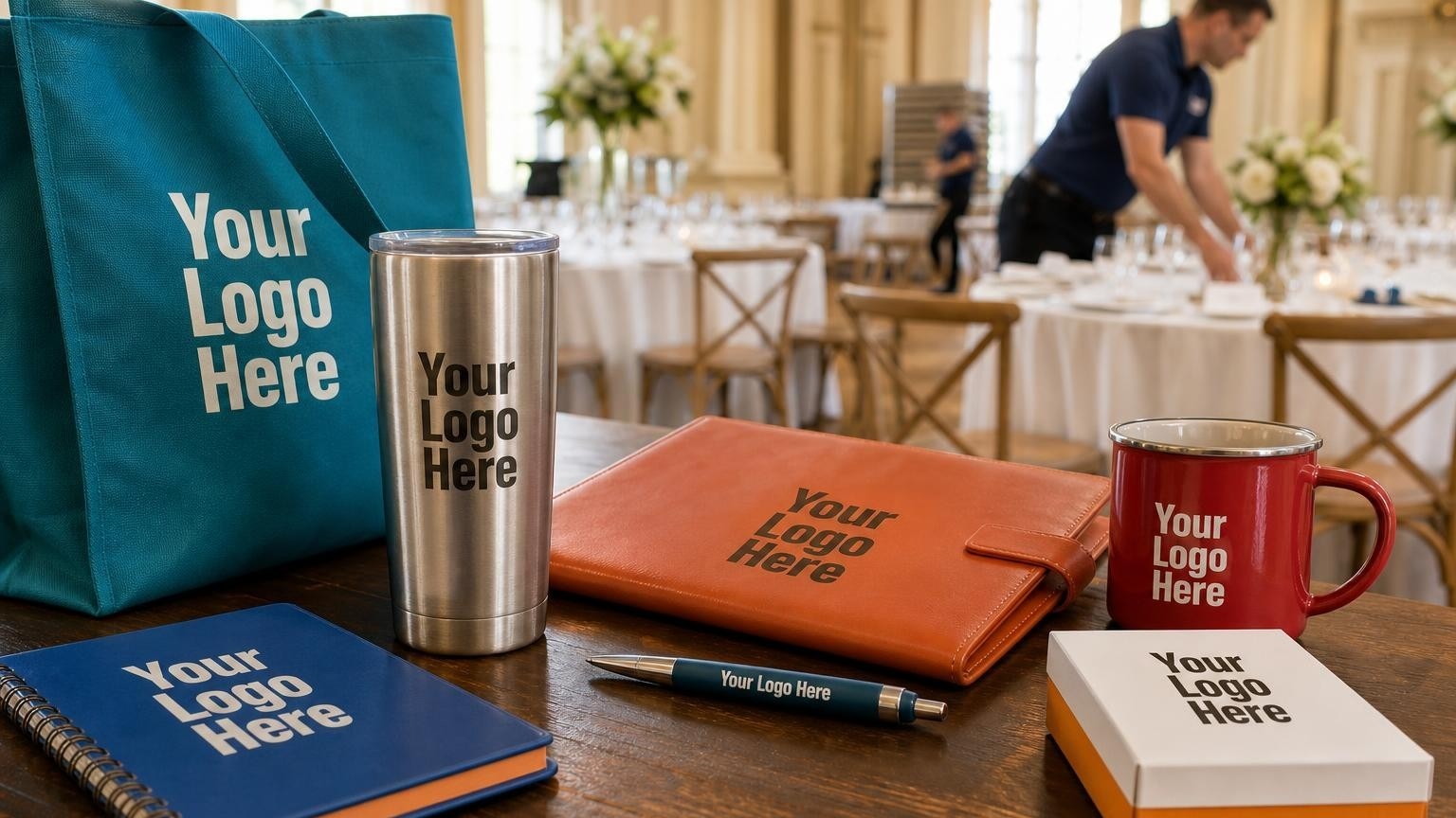 A high-quality travel tumbler and portfolio on a table with a historic estate event setup happening in the blurred background.