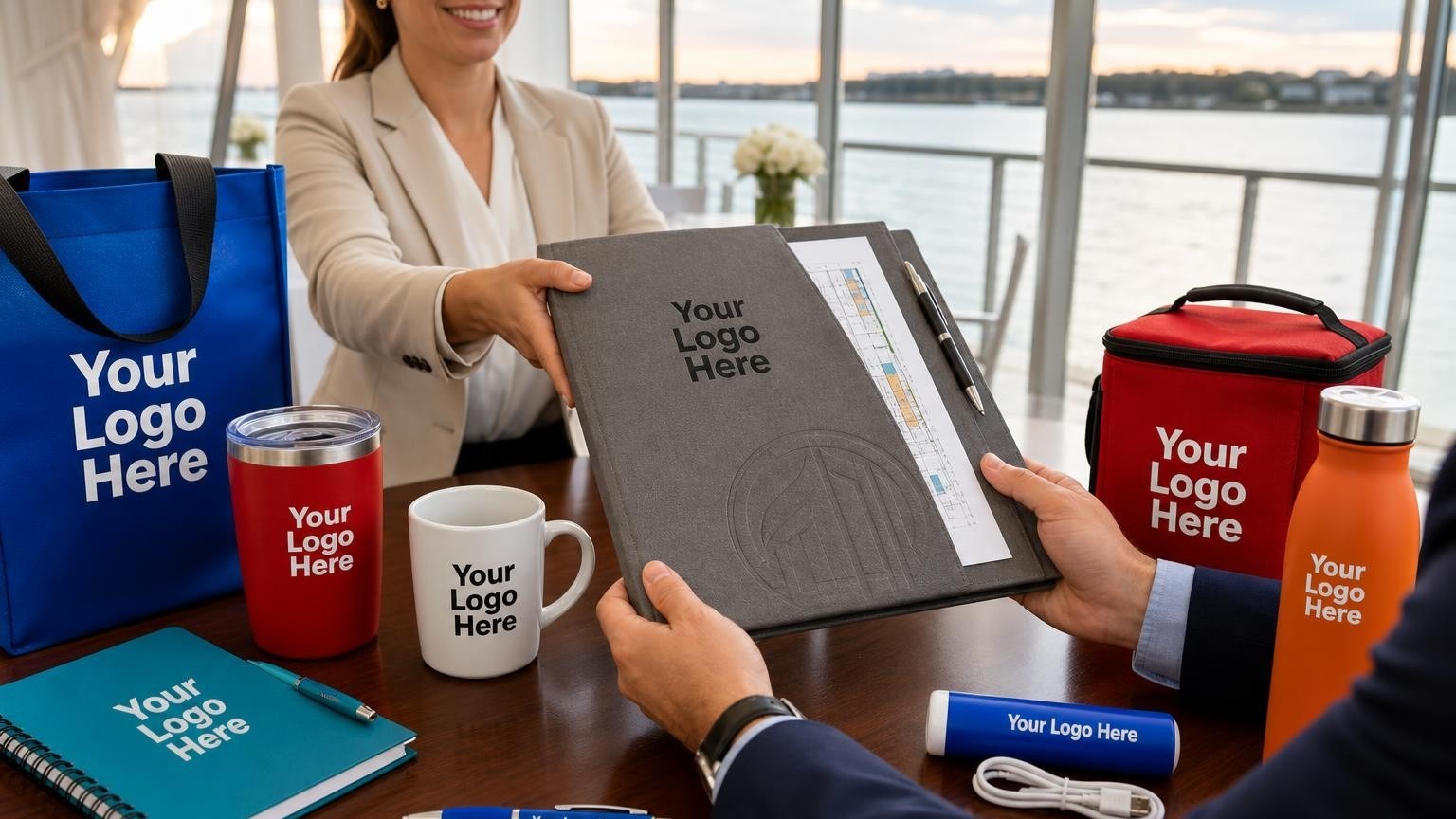 A premium textured presentation folder containing floor plans and an engraved metal pen being handed to a client at an event venue office.