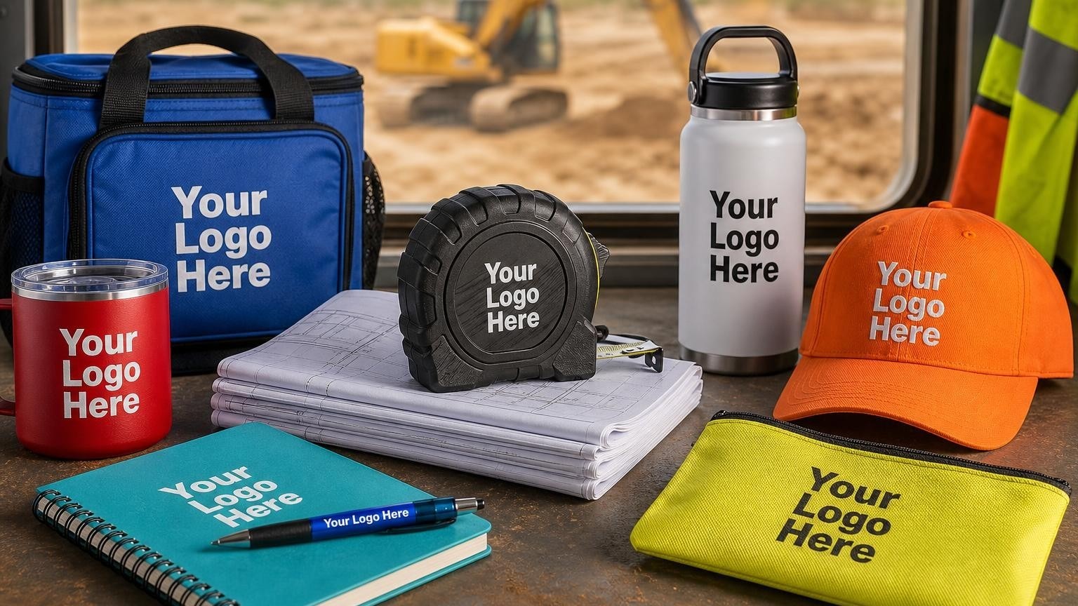 A rugged custom tape measure resting on commercial grading plans inside an excavation field trailer with heavy machinery blurred in the background.