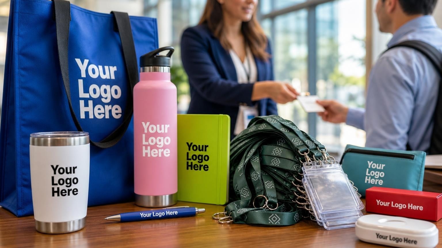 Custom lanyards and badge holders stacked neatly on a registration counter in a bright convention center lobby.