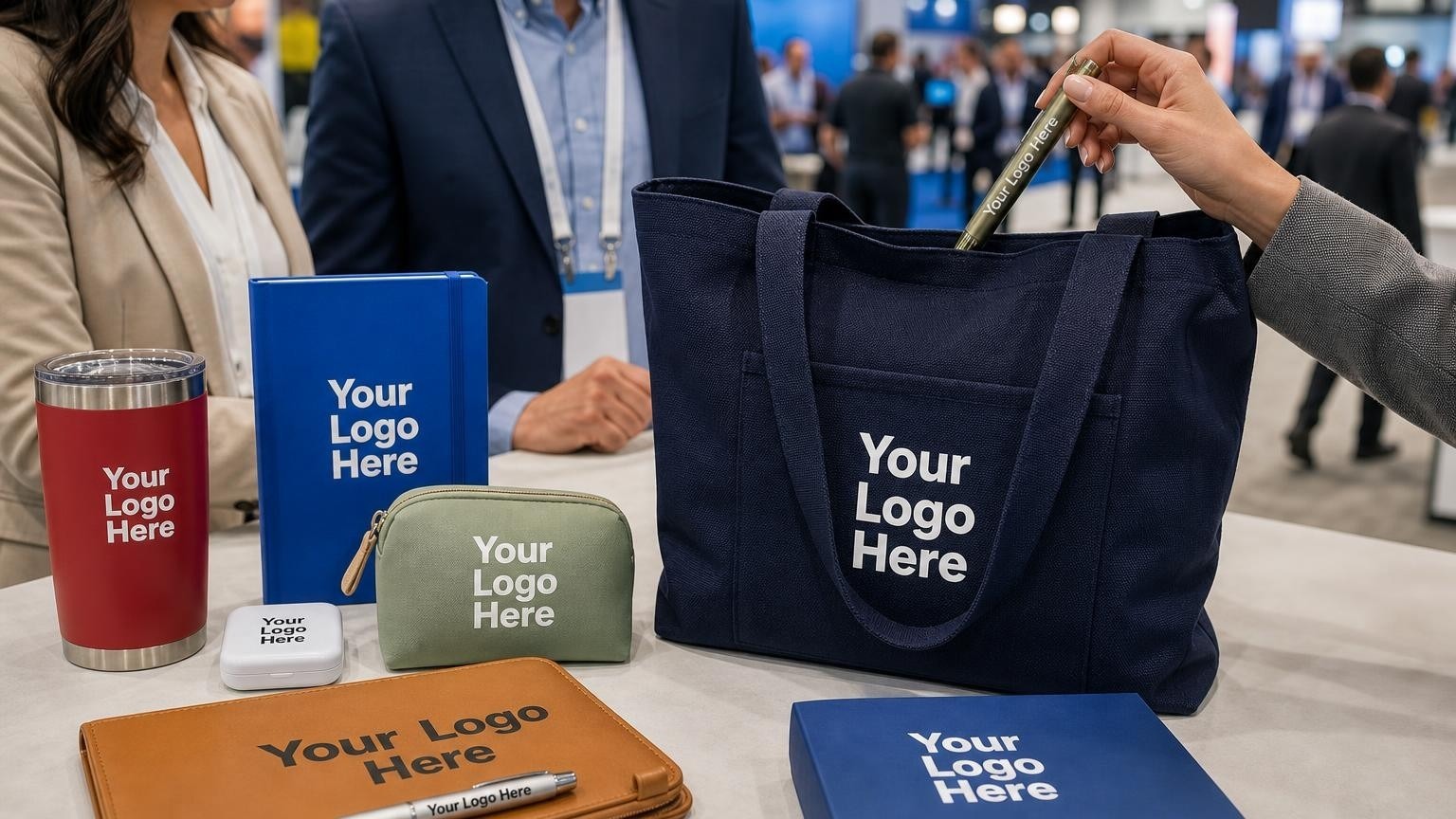 A custom navy canvas tote bag resting on a convention center counter while a professional places a metal pen inside, with blurred expo displays in the background.