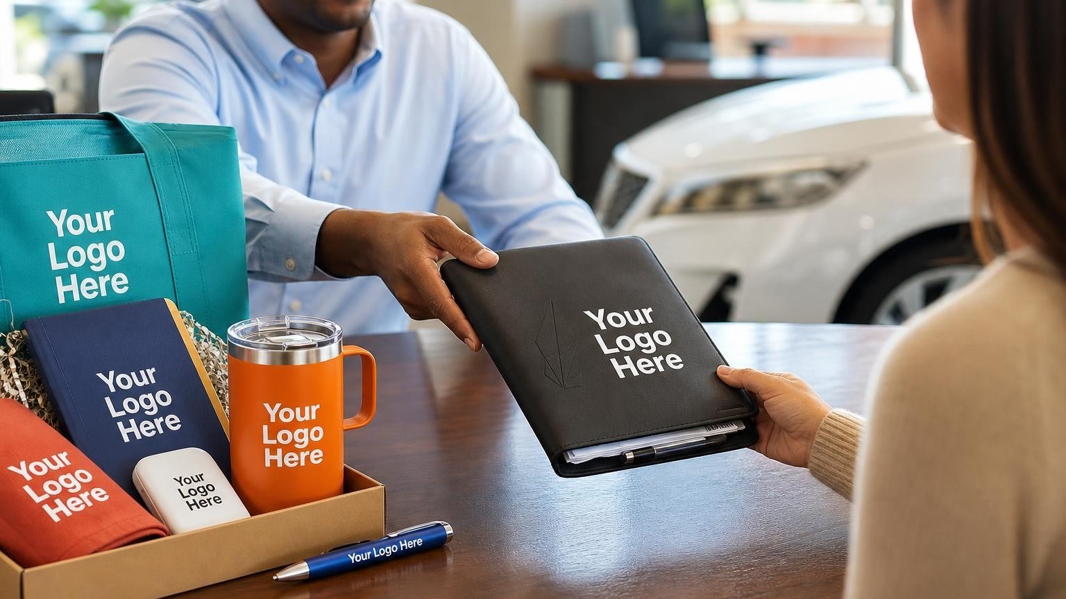 A custom vinyl document wallet and metal tire pressure gauge being handed to a customer in a dealership finance office to represent an extended warranty welcome kit.