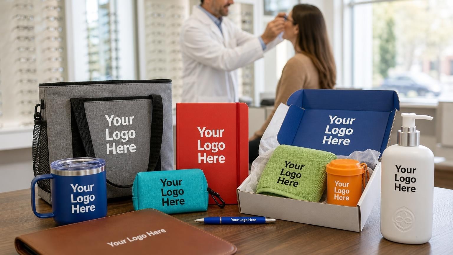 A custom hand sanitizer bottle on an optical dispensing table in a bright eye care center showroom.