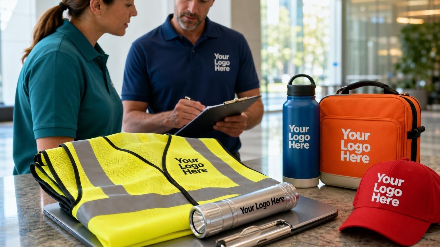 A high-visibility safety vest, metal clipboard, and heavy-duty flashlight on a counter in a commercial office lobby, representing facility management operational gear.