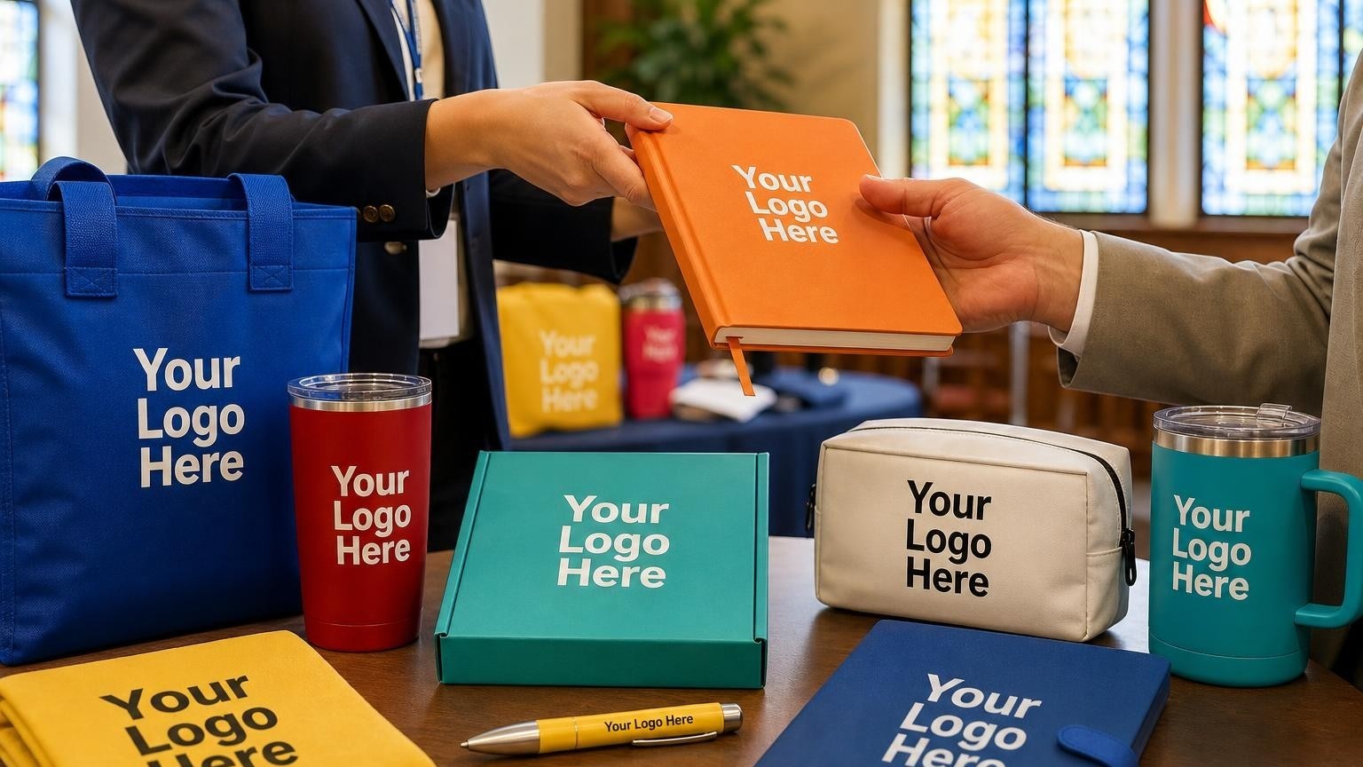 A custom-debossed reflection journal and linen welcome folder on an oak table inside a faith-based school chapel.