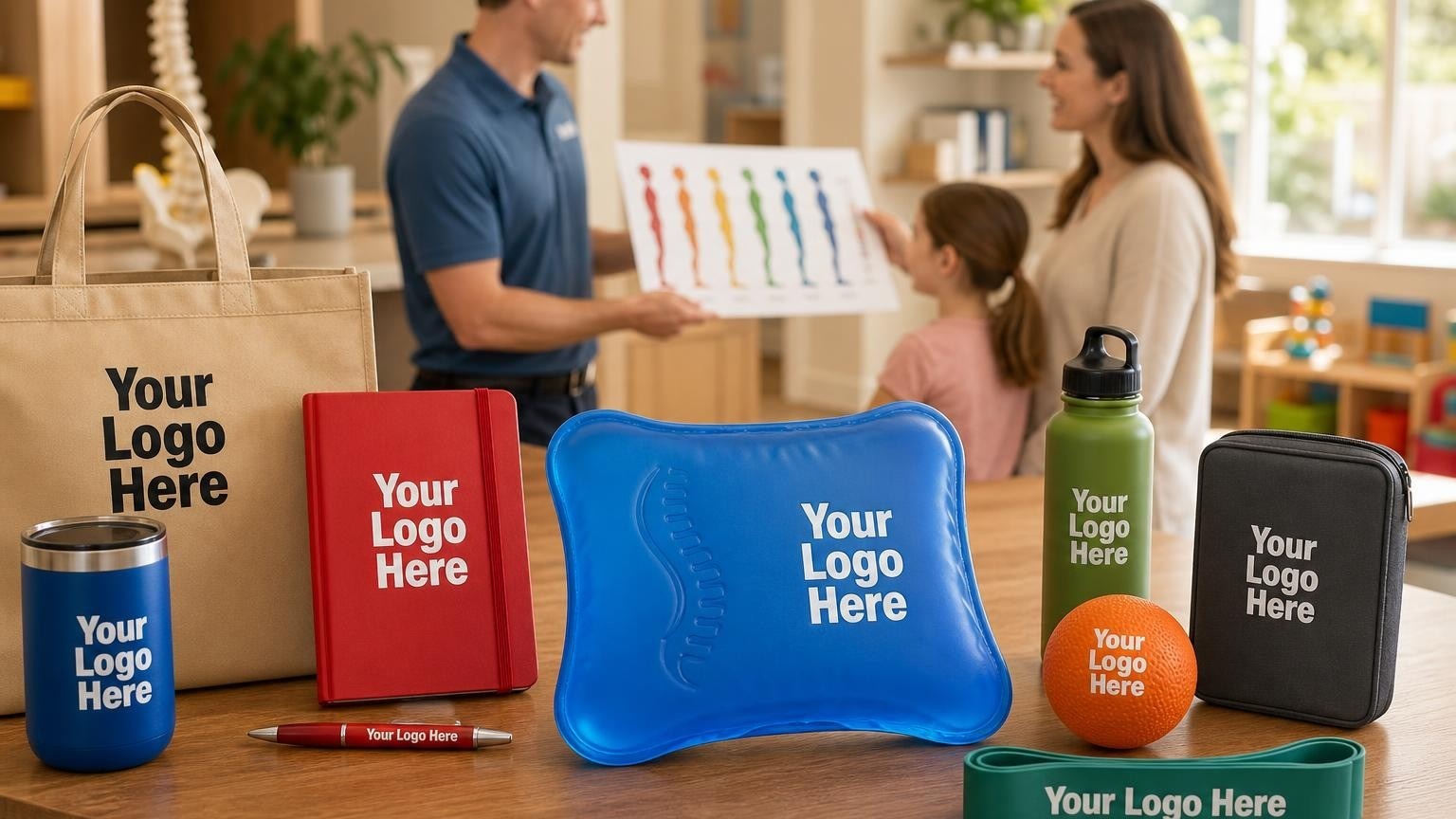 A custom-molded blue gel ice pack with a subtle debossed spine icon on a wooden reception counter in a family chiropractic clinic.