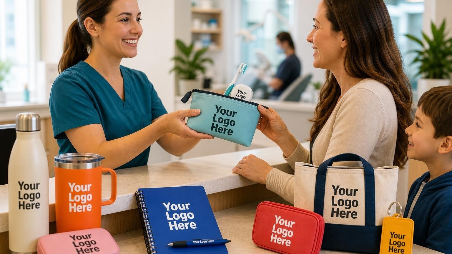 A dental hygienist handing a high-quality wellness pouch to a patient at the checkout desk of a family dental practice.