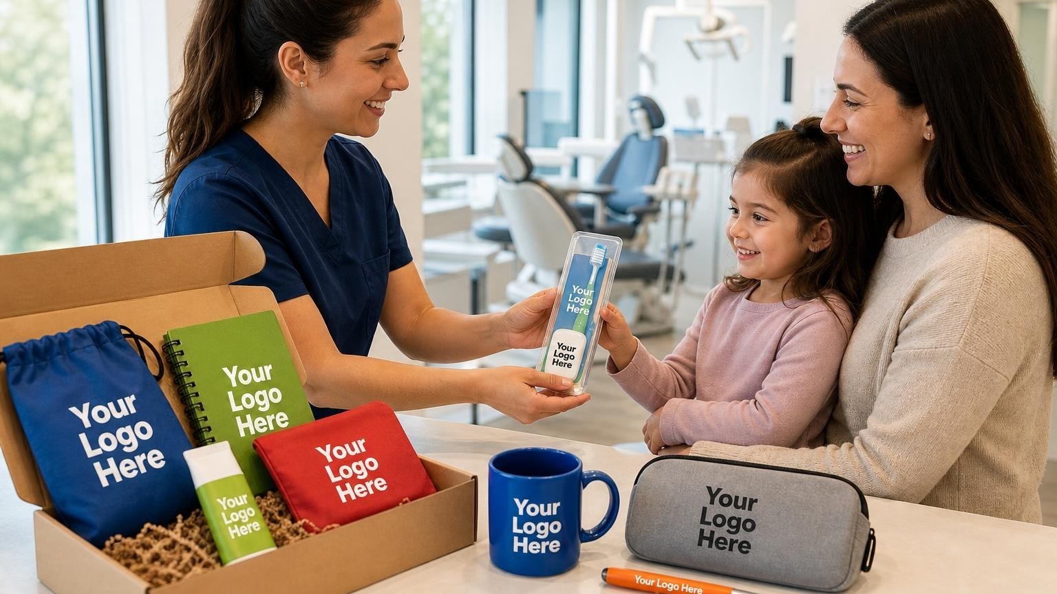A dental hygienist handing a custom-branded oral hygiene kit to a mother and child at a modern dental clinic checkout counter.