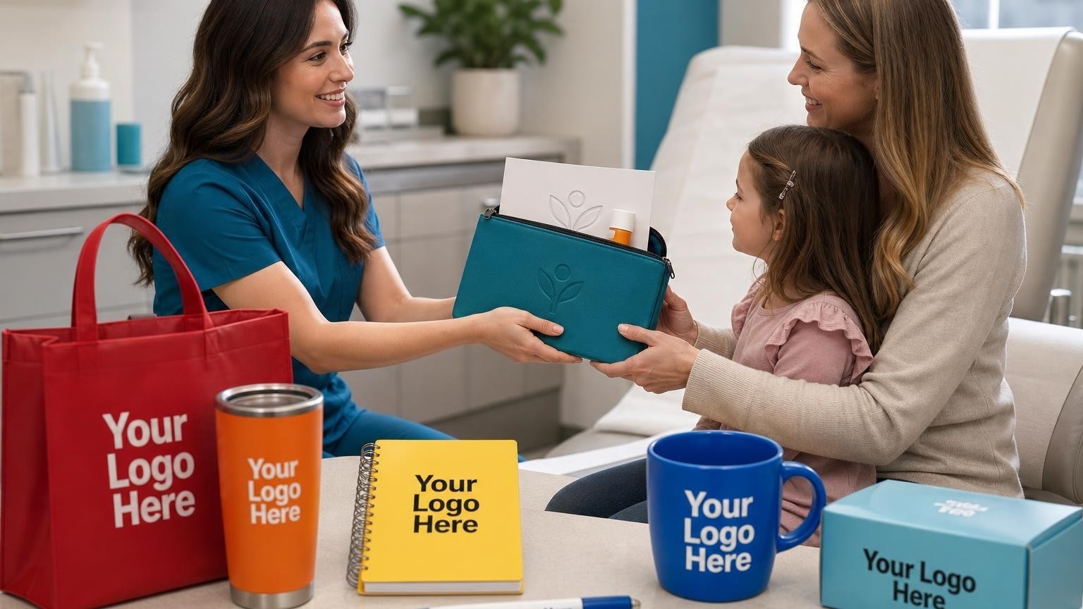 A clinical coordinator hands a high-quality welcome pouch containing sun safety items to a parent in a family dermatology clinic.