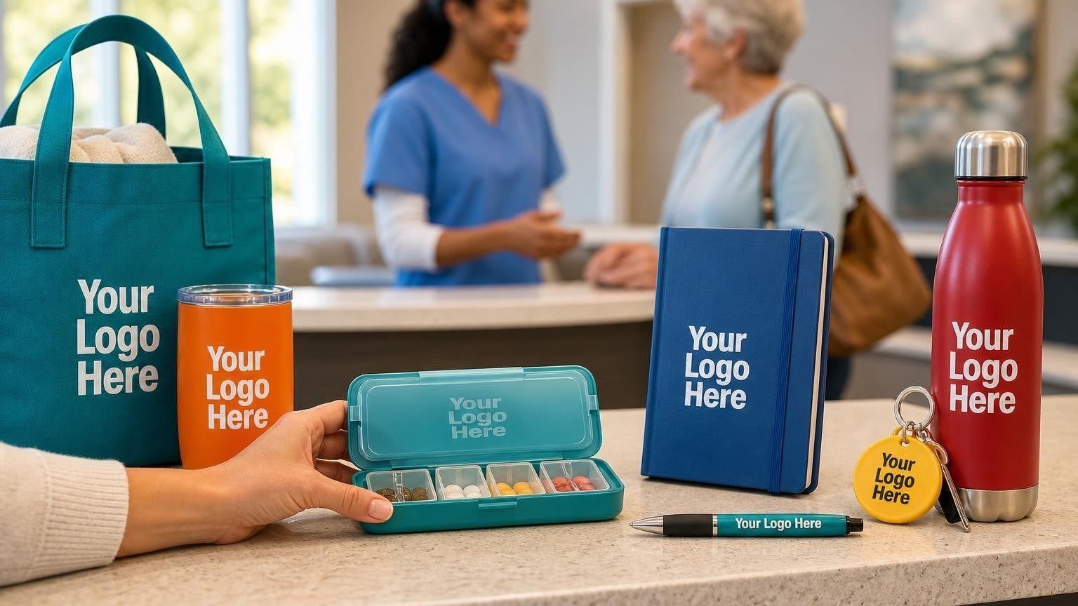 A custom weekly pill organizer resting on a clinic counter with a nurse and patient in the background.
