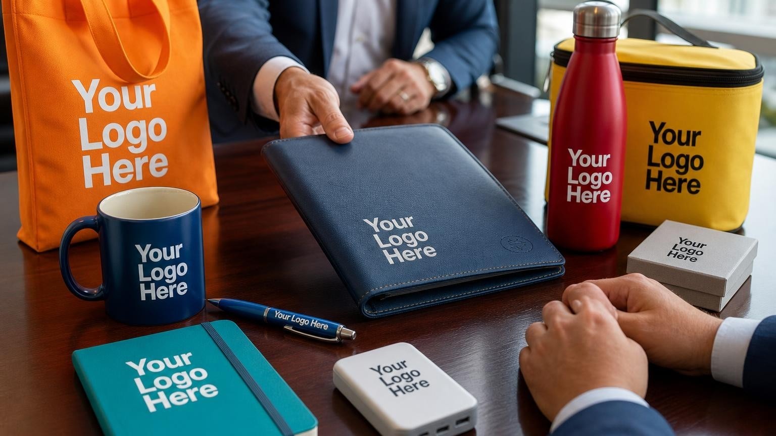 A custom debossed navy leather portfolio on a boardroom table during a wealth management client meeting.