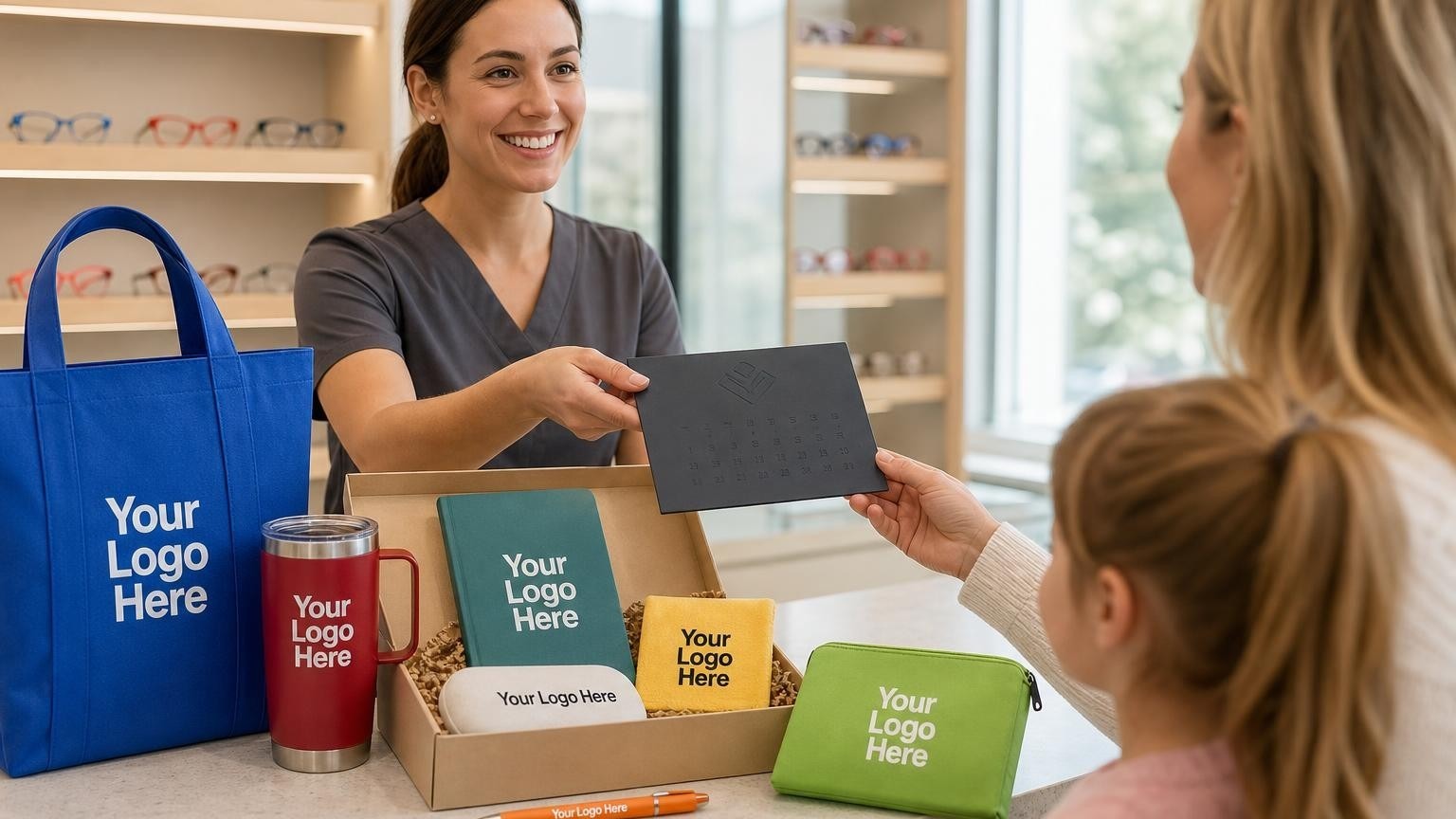A custom magnetic calendar card being handed to a parent at an optometry clinic front desk.