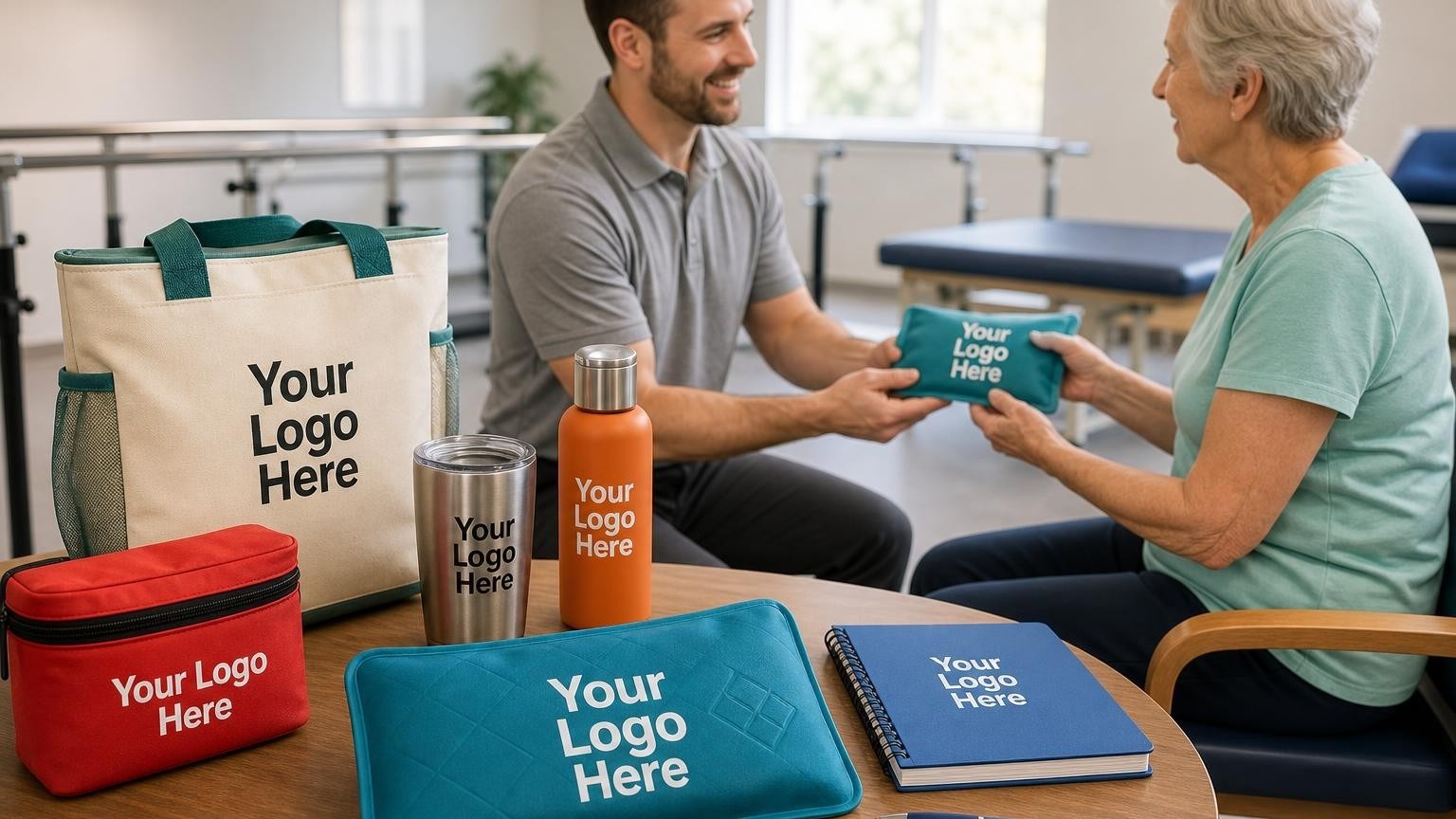 A physical therapist hands a custom cold therapy pack to a patient in a bright orthopedic clinic, highlighting the transition from clinical care to home recovery.