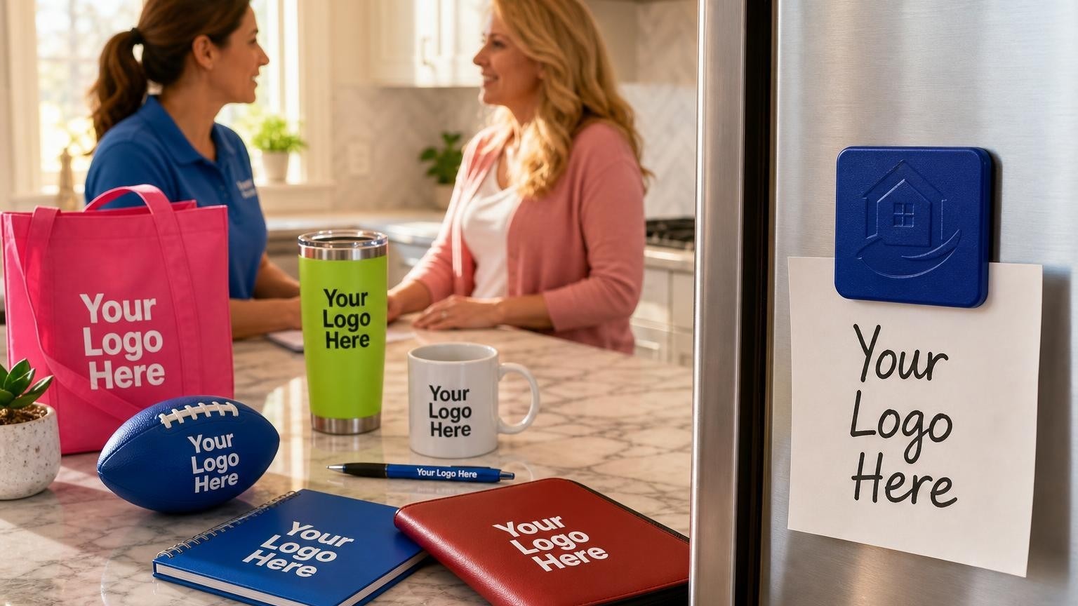 A custom refrigerator magnet holding a handwritten thank-you note on a stainless steel refrigerator in a clean kitchen.