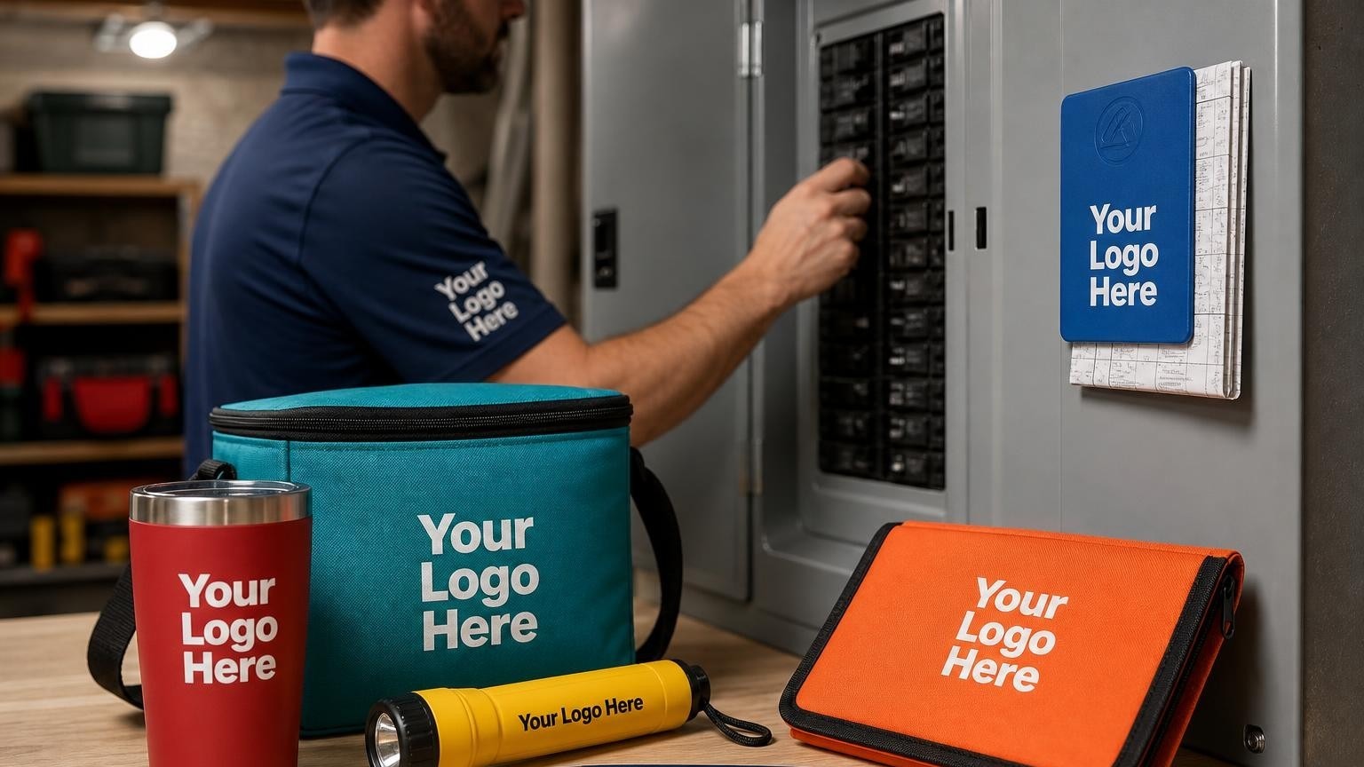 A custom promotional magnet holding a circuit directory map on a metal breaker box panel, with an electrician working in the background.