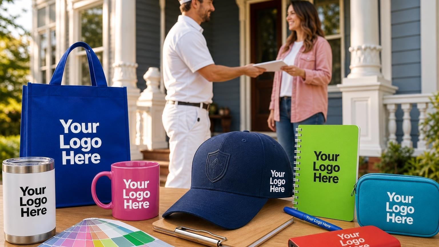 A custom embroidered baseball cap resting on a clipboard with a color swatch book on a freshly painted Victorian porch.