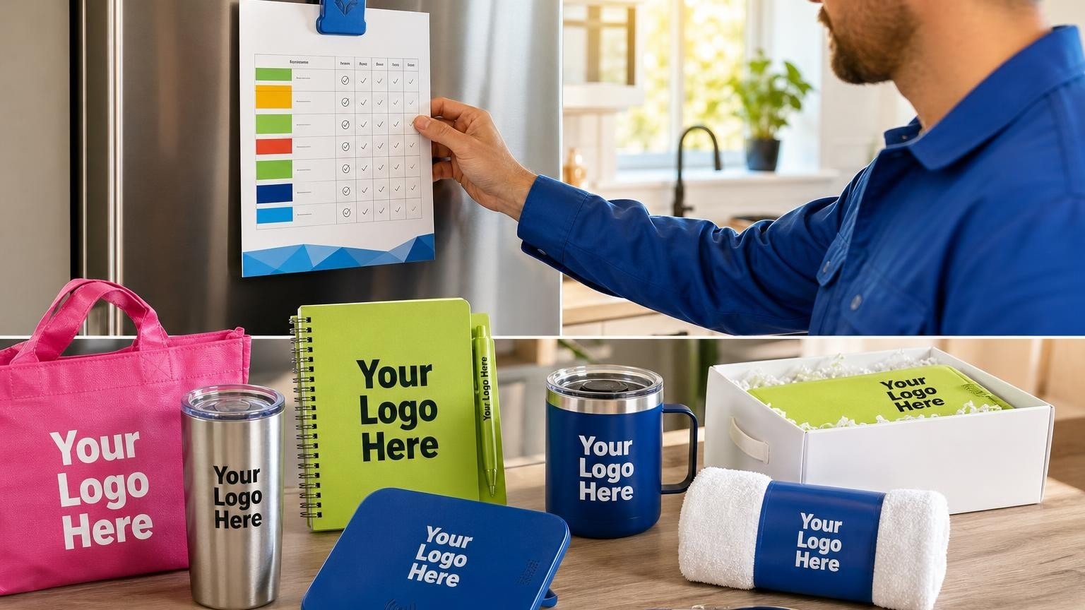 A custom magnetic clip holding a pest treatment schedule on a kitchen refrigerator.