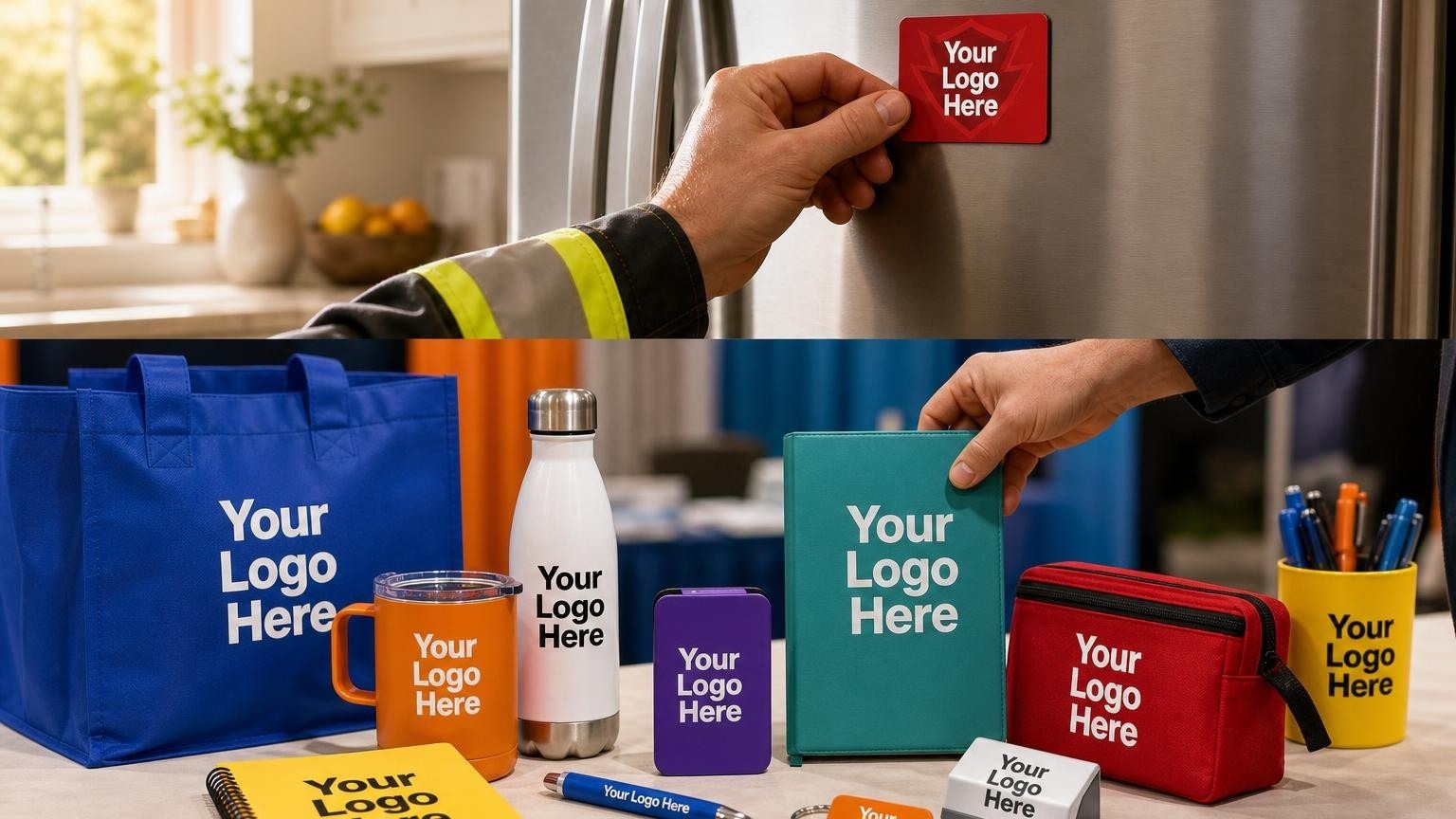 A technician placing a custom magnetic emergency contact card on a kitchen refrigerator.