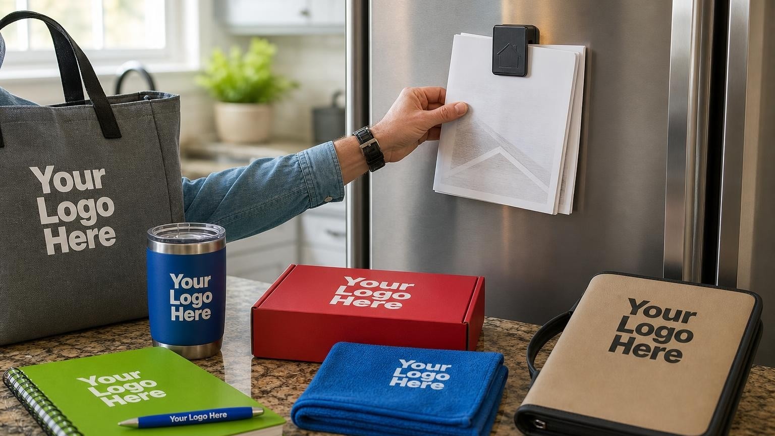 A durable custom magnetic clip holding a warranty document packet on a stainless steel refrigerator in a bright kitchen.