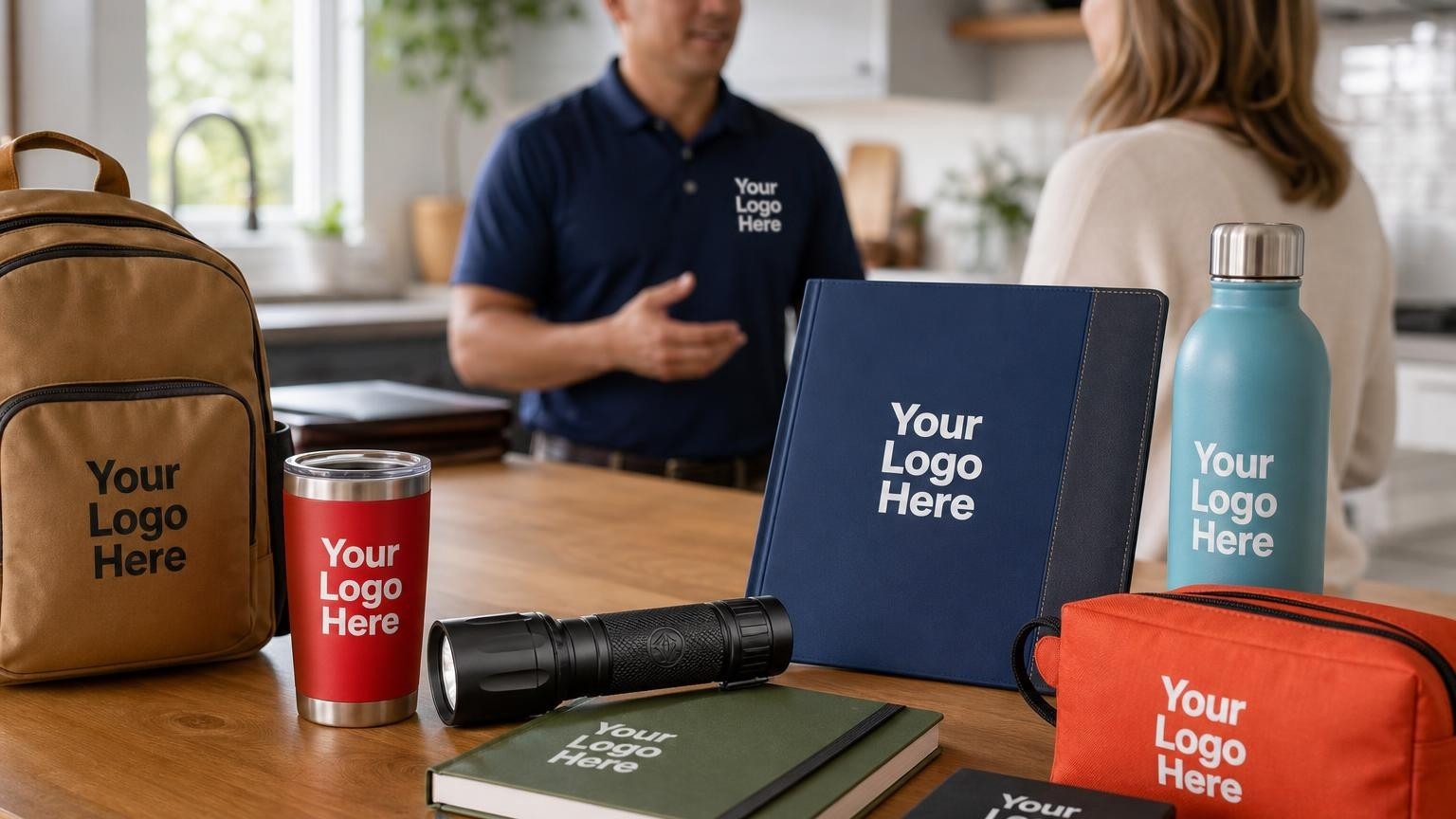 A high-quality custom metal flashlight and welcome folder on a kitchen table, with a professional security technician talking to a homeowner in the background.